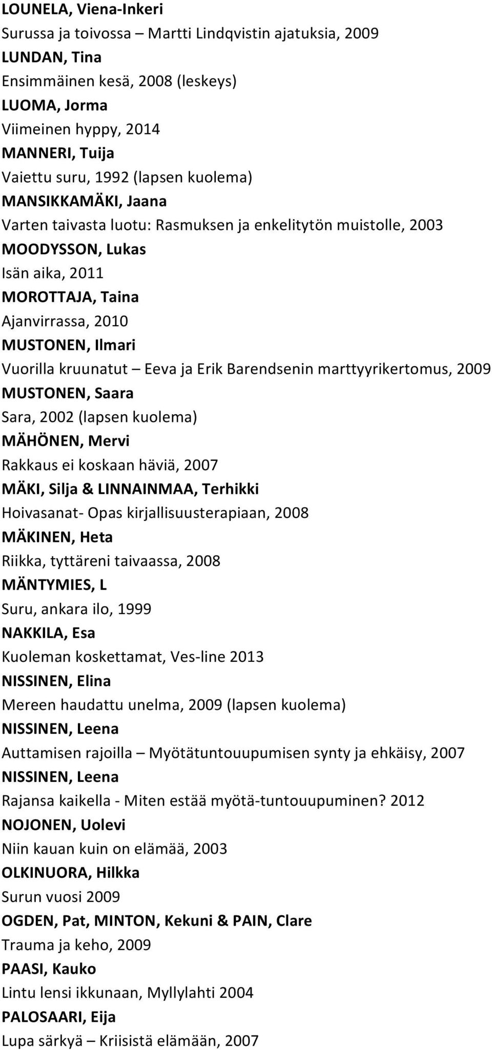 Eeva ja Erik Barendsenin marttyyrikertomus, 2009 MUSTONEN, Saara Sara, 2002 (lapsen kuolema) MÄHÖNEN, Mervi Rakkaus ei koskaan häviä, 2007 MÄKI, Silja & LINNAINMAA, Terhikki Hoivasanat- Opas