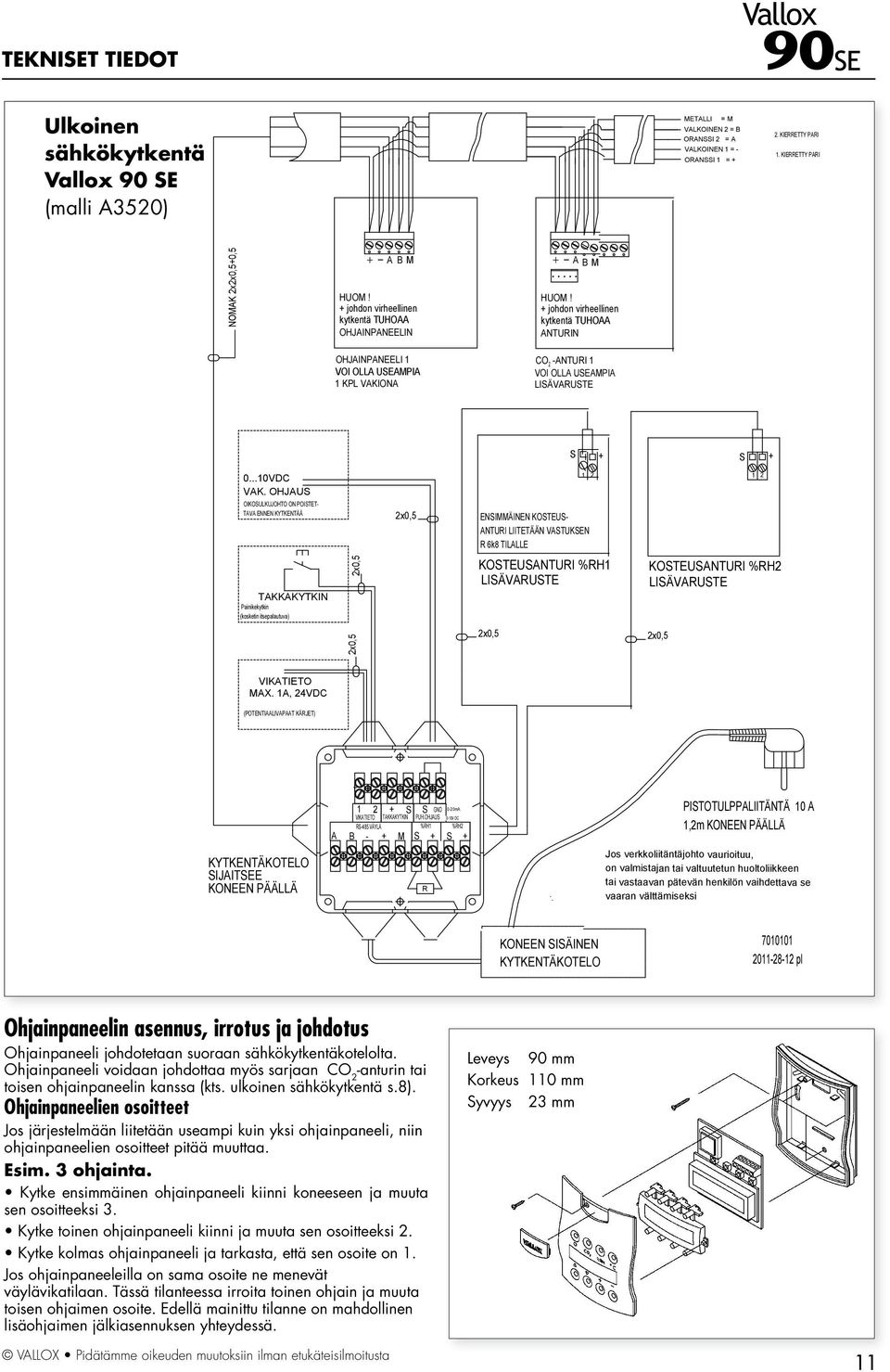 + johdon virheellinen kytkentä TUHOAA ANTURIN OHJAINPANEELI VOI OLLA USEAMPIA KPL VAKIONA CO 2 -ANTURI VOI OLLA USEAMPIA LISÄVARUSTE S + S + 0...0VDC VAK.