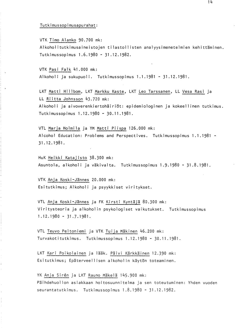 720 mk: Alkoholi ja aivoverenkiertohäiriöt: epidemiologinen ja kokeellinen tutkimus. Tutkimussopimus 1.12.1980-30.11.1981. VTL Marja Ho 1 mi1 a ja YM Matti Piispa 126.