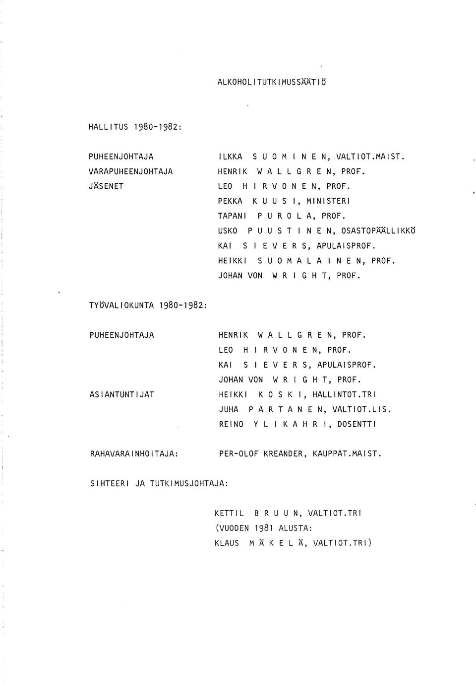TYÖVALIOKUNTA 1980-1982: PUHEENJOHTAJA HENRIK W A L L G R E N, PROF. LEO HIRVONEN, PROF. KAI S I E V E R S, APULAISPROF. JOHAN VON WRIGHT, PROF. ASIANTUNTIJAT HEIKKI KOSKI, HALLINTOT.