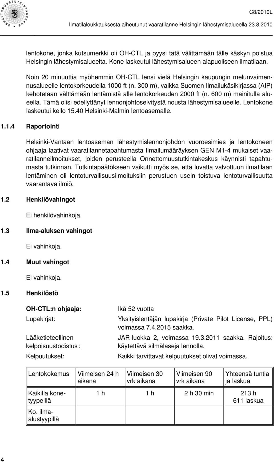 300 m), vaikka Suomen Ilmailukäsikirjassa (AIP) kehotetaan välttämään lentämistä alle lentokorkeuden 2000 ft (n. 600 m) mainitulla alueella.