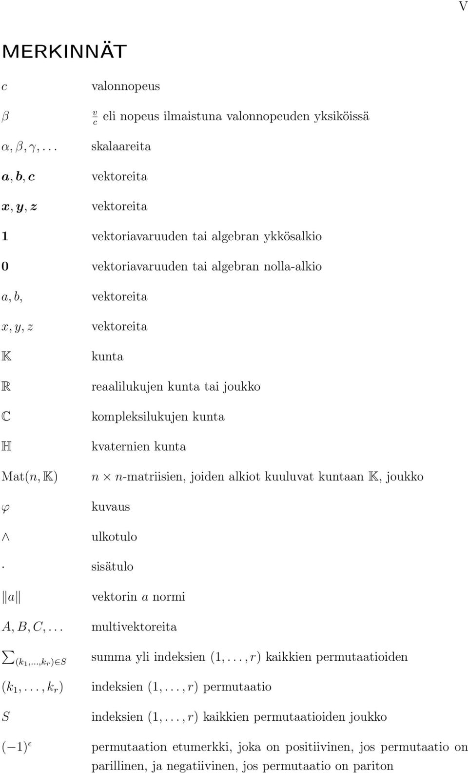 kunta reaalilukujen kunta tai joukko kompleksilukujen kunta kvaternien kunta n n-matriisien, joiden alkiot kuuluvat kuntaan K, joukko kuvaus ulkotulo sisätulo a vektorin a normi A, B, C,.