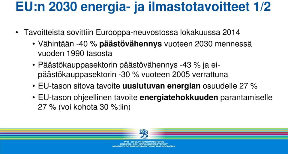 päästövähennys -43 % ja eipäästökauppasektorin -30 % vuoteen 2005 verrattuna EU-tason sitova tavoite