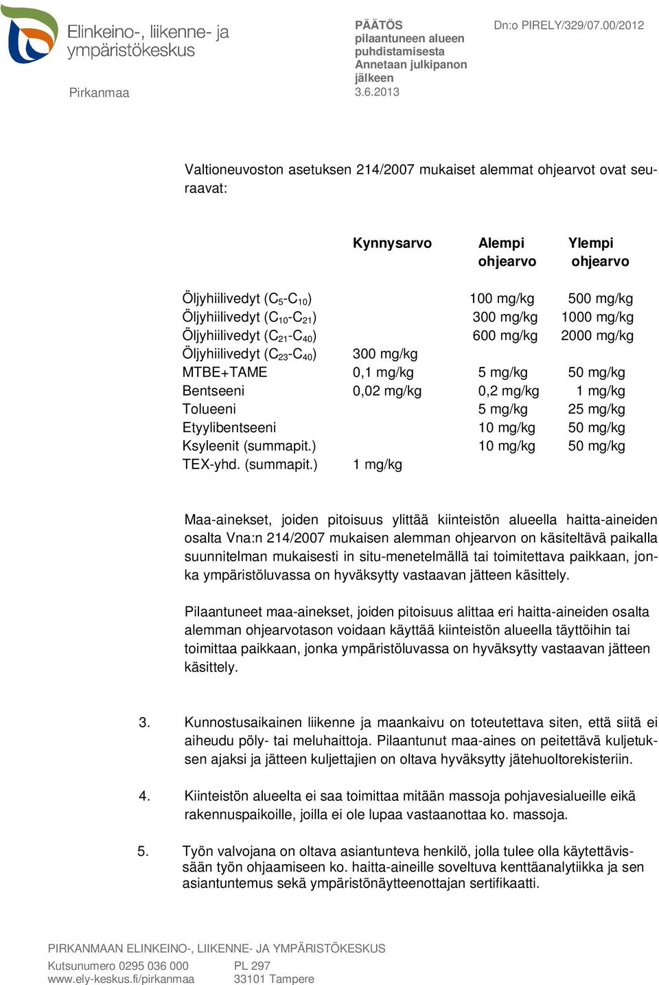 mg/kg 25 mg/kg Etyylibentseeni 10 mg/kg 50 mg/kg Ksyleenit (summapit.