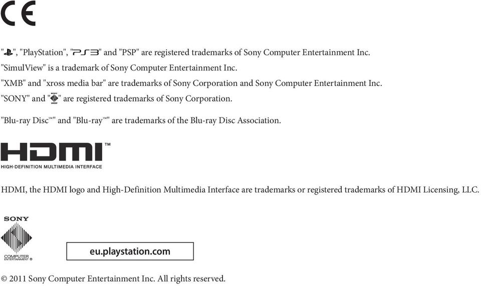 "XMB" and "xross media bar" are trademarks of Sony Corporation and Sony Computer Entertainment Inc.