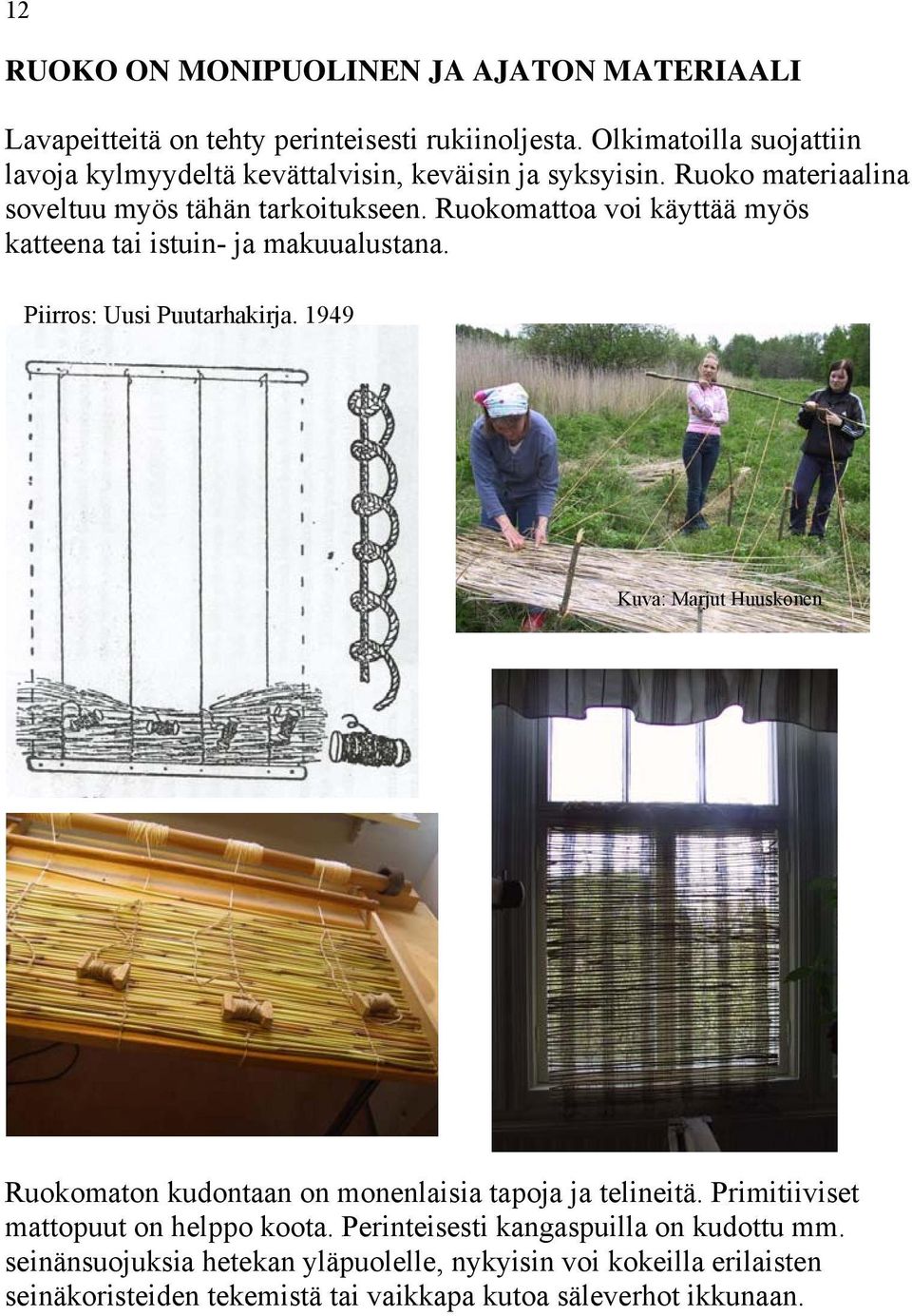 Ruokomattoa voi käyttää myös katteena tai istuin- ja makuualustana. Piirros: Uusi Puutarhakirja.