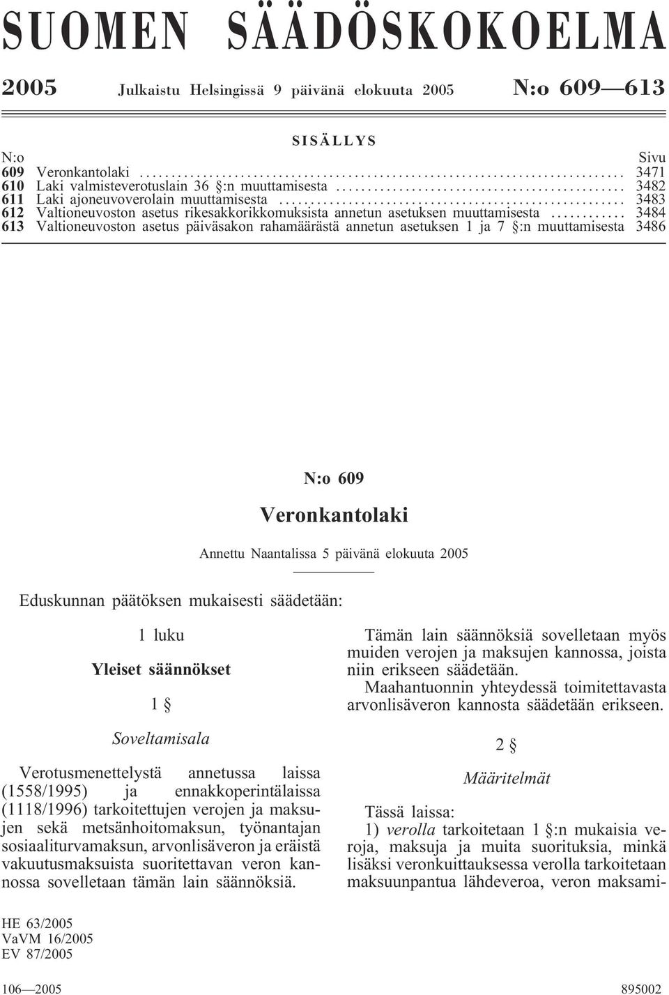 .. 3484 613 Valtioneuvoston asetus päiväsakon rahamäärästä annetun asetuksen 1 ja 7 :n muuttamisesta 3486 N:o 609 Veronkantolaki Annettu Naantalissa 5 päivänä elokuuta 2005 Eduskunnan päätöksen