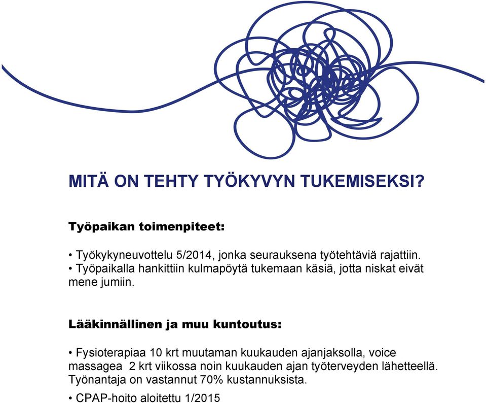 Työpaikalla hankittiin kulmapöytä tukemaan käsiä, jotta niskat eivät mene jumiin.