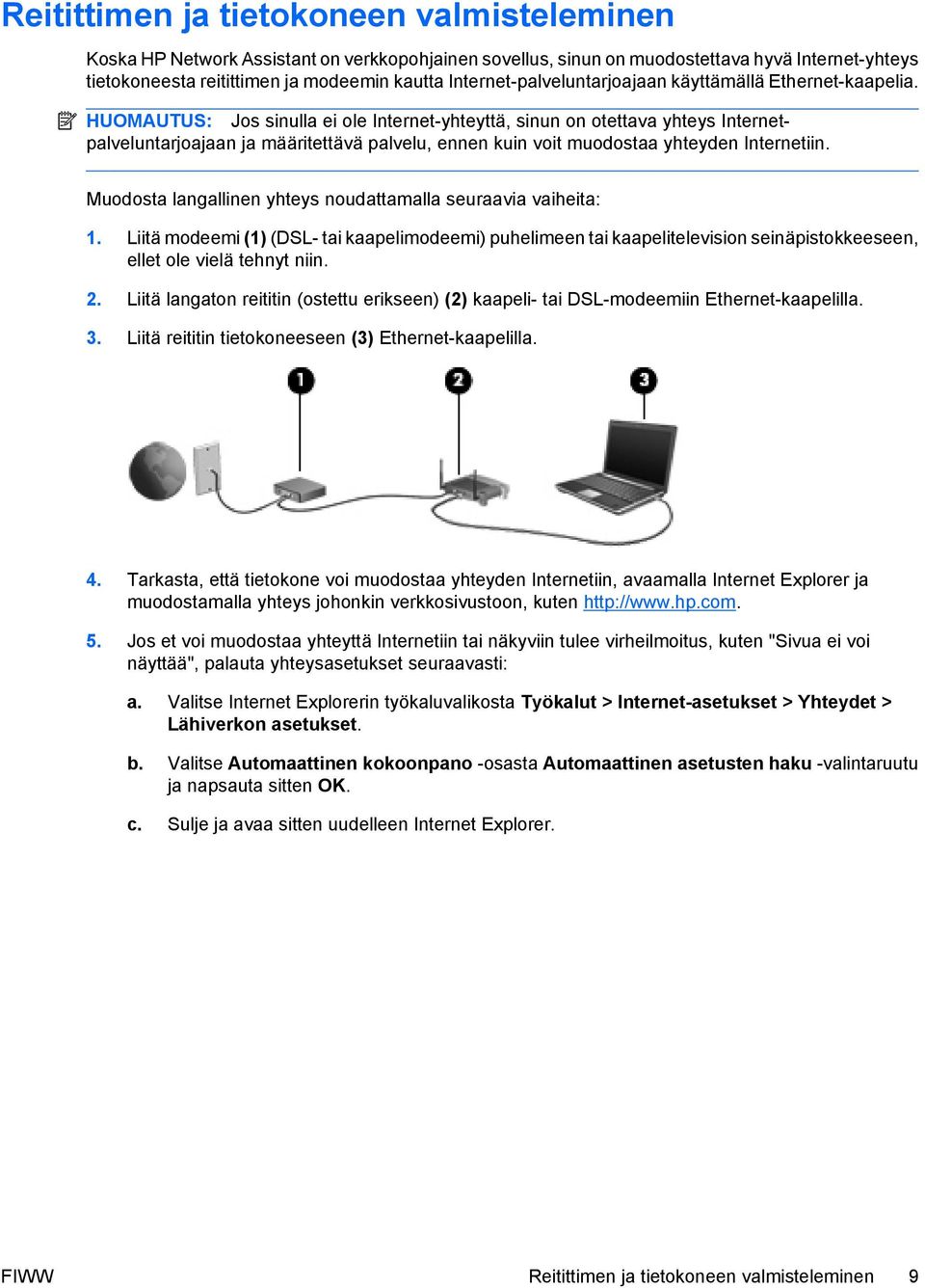 HUOMAUTUS: Jos sinulla ei ole Internet-yhteyttä, sinun on otettava yhteys Internetpalveluntarjoajaan ja määritettävä palvelu, ennen kuin voit muodostaa yhteyden Internetiin.