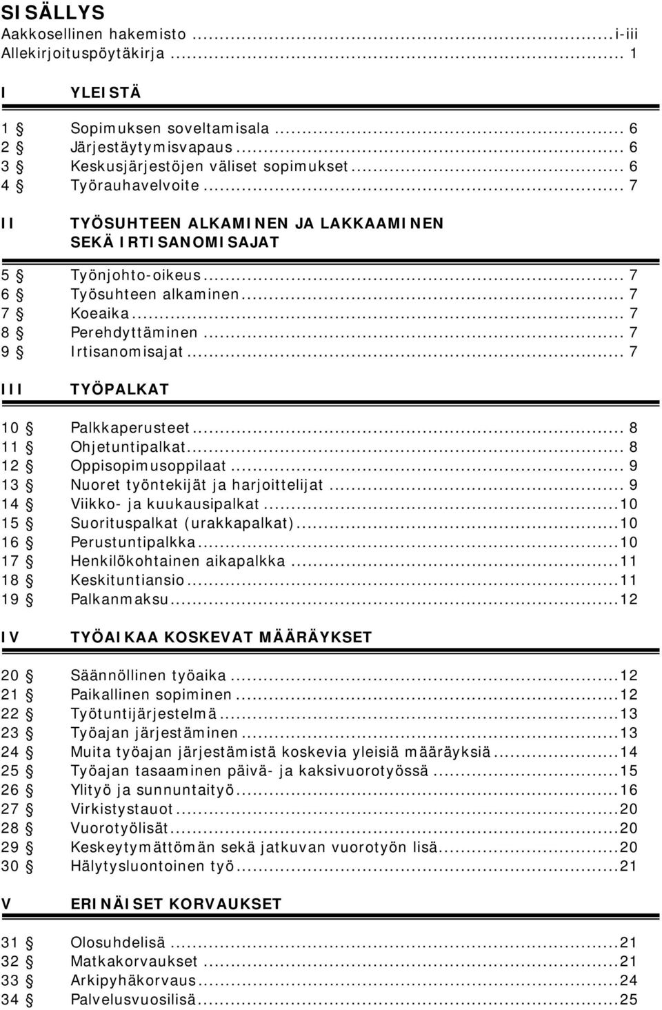 .. 7 III TYÖPALKAT 10 Palkkaperusteet... 8 11 Ohjetuntipalkat... 8 12 Oppisopimusoppilaat... 9 13 Nuoret työntekijät ja harjoittelijat... 9 14 Viikko- ja kuukausipalkat.