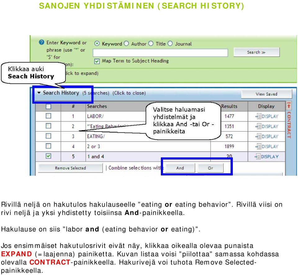 Hakulause on siis labor and (eating behavior or eating).