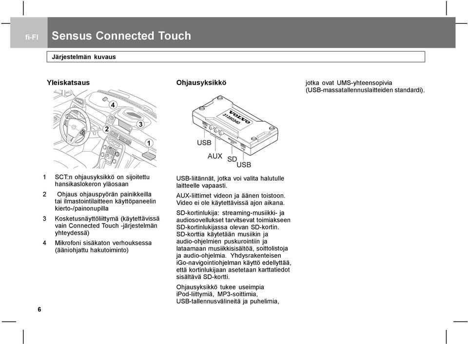 vain Connected Touch -järjestelmän yhteydessä) 4 Mikrofoni sisäkaton verhouksessa (ääniohjattu hakutoiminto) USB-liitännät, jotka voi valita halutulle laitteelle vapaasti.