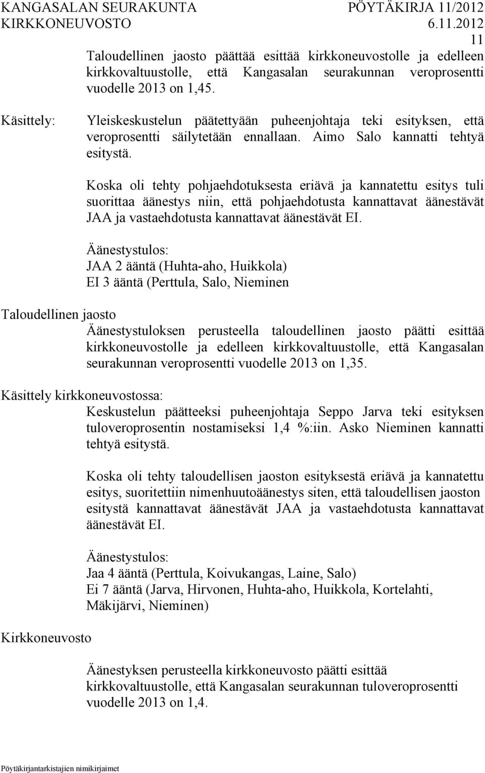 Koska oli tehty pohjaehdotuksesta eriävä ja kannatettu esitys tuli suorittaa äänestys niin, että pohjaehdotusta kannattavat äänestävät JAA ja vastaehdotusta kannattavat äänestävät EI.