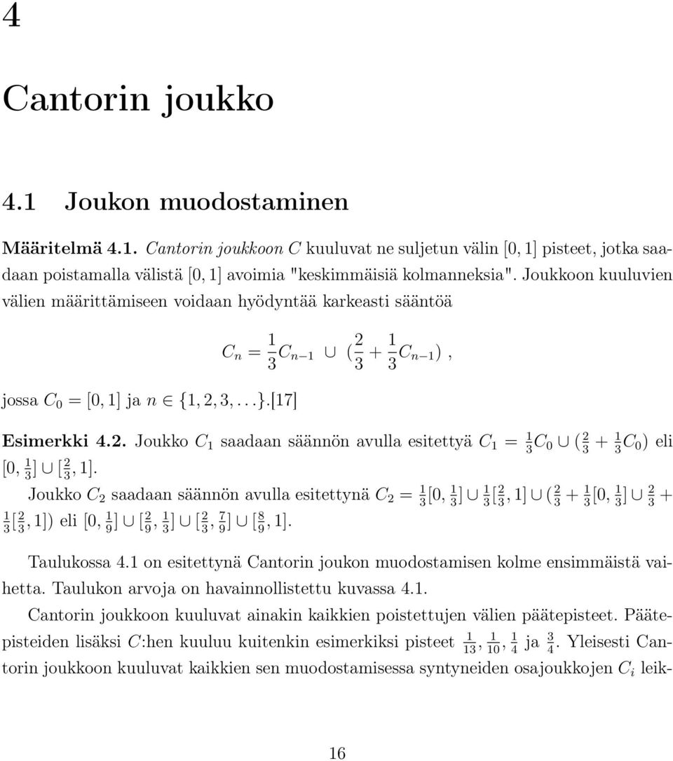 Joukko C 2 saadaan säännön avulla esitettynä C 2 = 1 3 [0, 1 3 ] 1 3 [ 2 3, 1] ( 2 3 + 1 3 [0, 1 3 ] 2 3 + 1 [ 2, 1]) eli [0, 1] [ 2, 1] [ 2, 7] [ 8, 1]. 3 3 9 9 3 3 9 9 Taulukossa 4.