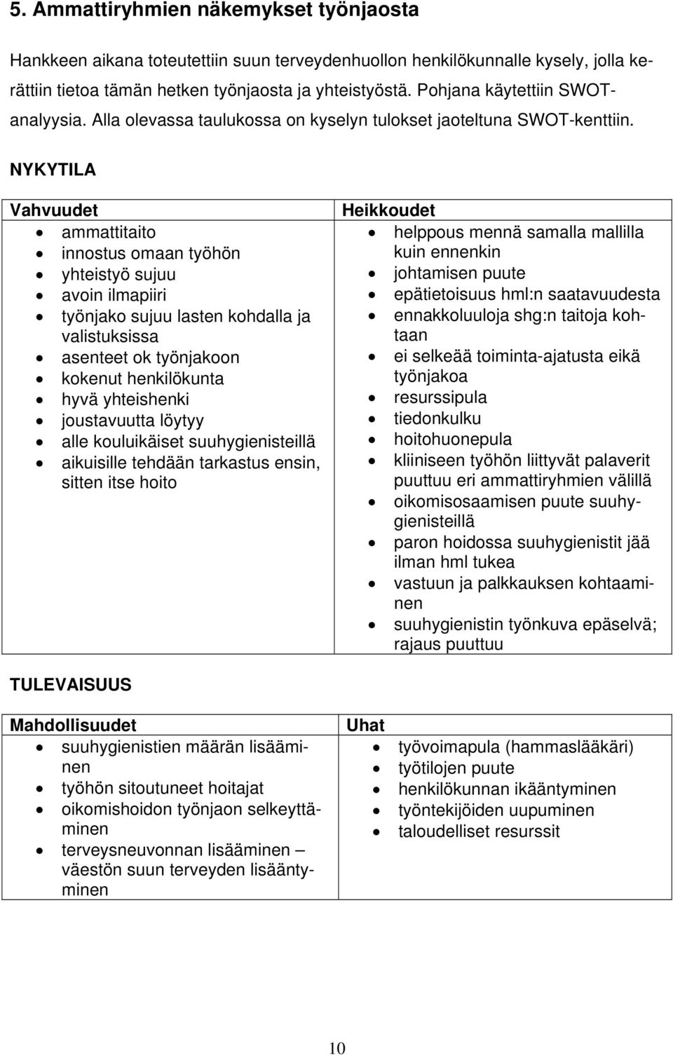 NYKYTILA Vahvuudet ammattitaito innostus omaan työhön yhteistyö sujuu avoin ilmapiiri työnjako sujuu lasten kohdalla ja valistuksissa asenteet ok työnjakoon kokenut henkilökunta hyvä yhteishenki