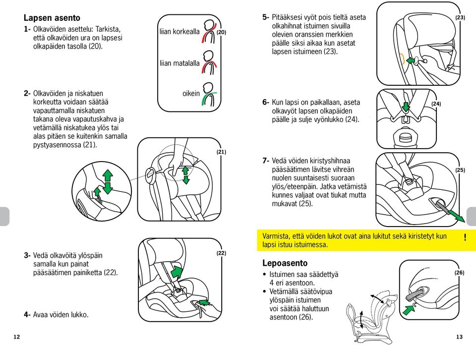 (23) liian matalalla 2- Olkavöiden ja niskatuen korkeutta voidaan säätää vapauttamalla niskatuen takana oleva vapautuskahva ja vetämällä niskatukea ylös tai alas pitäen se kuitenkin samalla