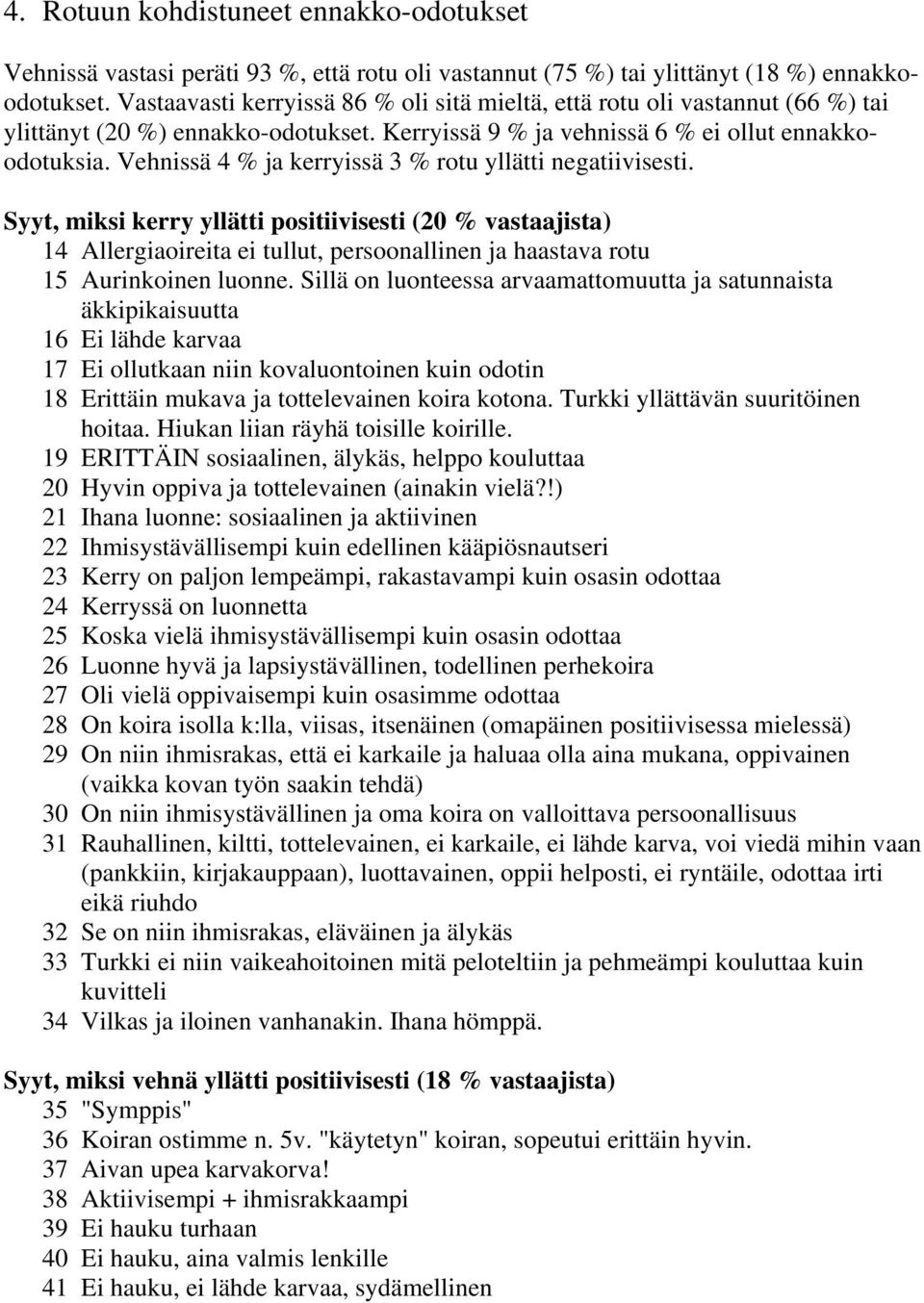 Vehnissä 4 % ja kerryissä 3 % rotu yllätti negatiivisesti.