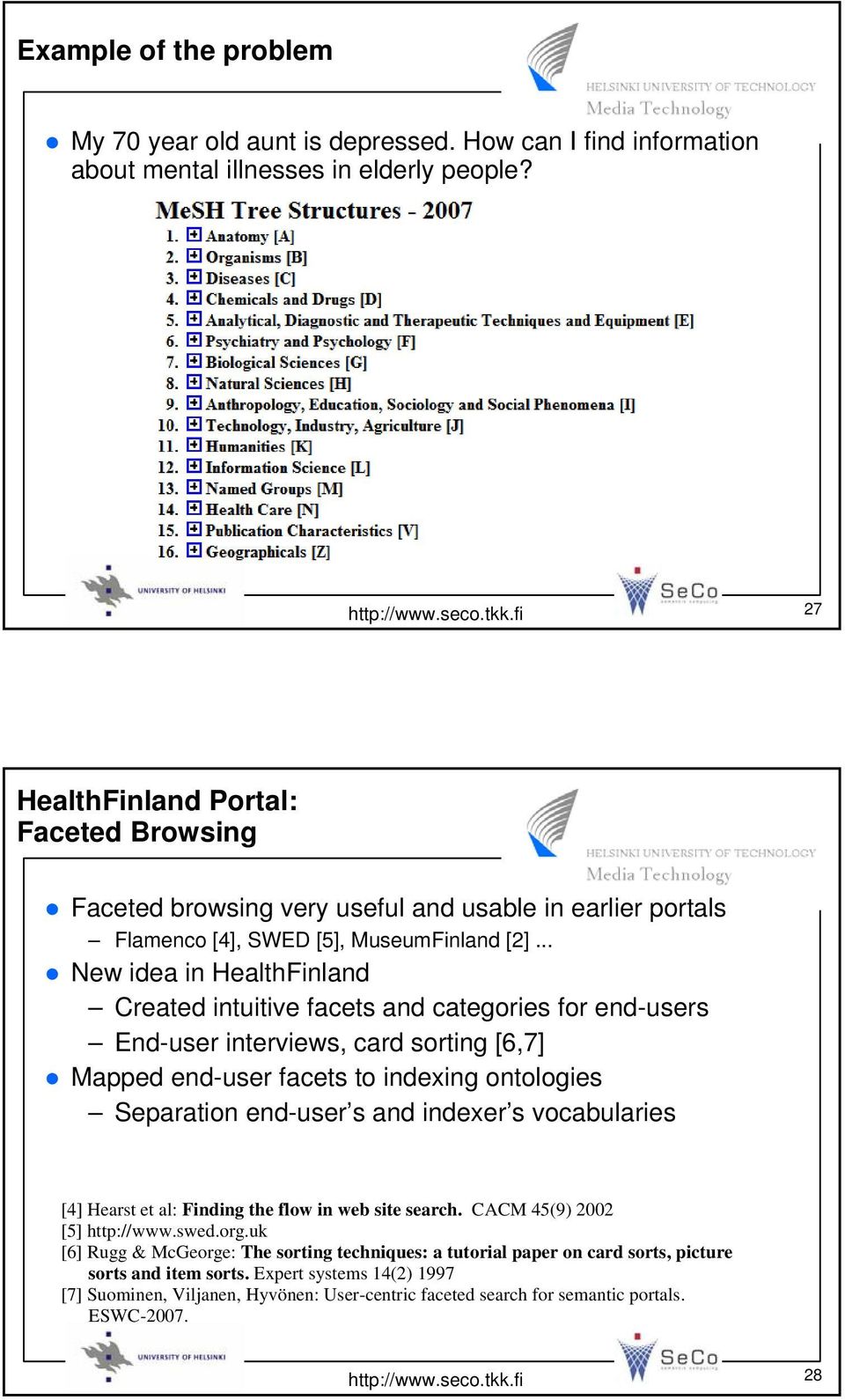 .. New idea in HealthFinland Created intuitive facets and categories for end-users End-user interviews, card sorting [6,7] Mapped end-user facets to indexing ontologies Separation end-user s and