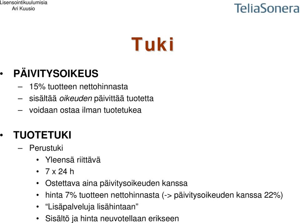 24 h Ostettava aina päivitysoikeuden kanssa hinta 7% tuotteen nettohinnasta (->