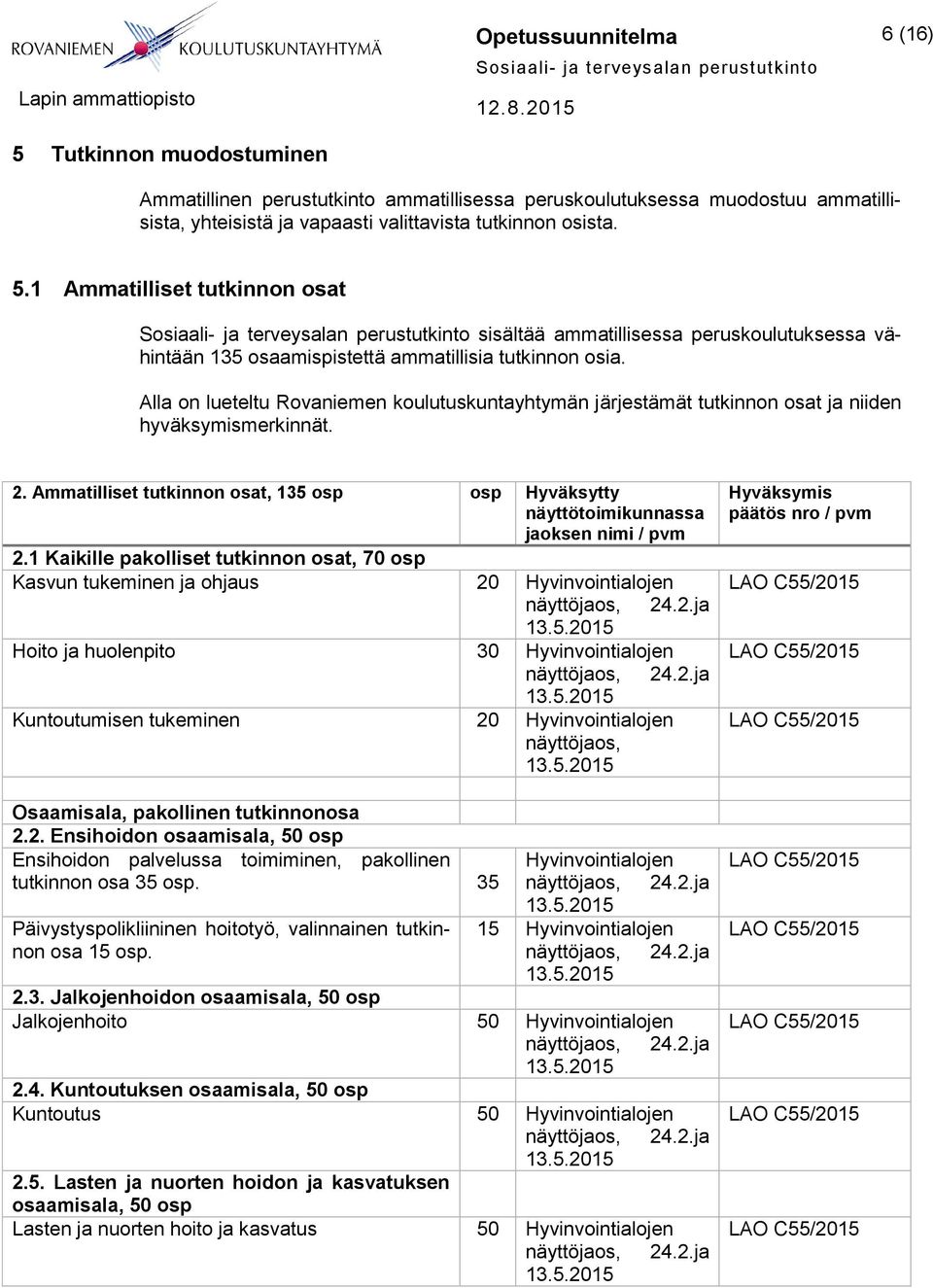 Ammatilliset tutkinnon osat, 135 osp osp Hyväksytty näyttötoimikunnassa jaoksen nimi / pvm 2.