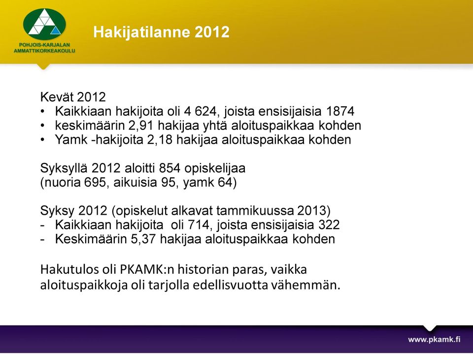 aikuisia 95, yamk 64) Syksy 2012 (opiskelut alkavat tammikuussa 2013) - Kaikkiaan hakijoita oli 714, joista ensisijaisia 322 -