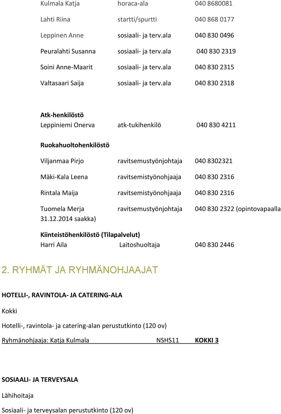 ala 040 830 2318 Atk-henkilöstö Leppiniemi Onerva atk-tukihenkilö 040 830 4211 Ruokahuoltohenkilöstö Viljanmaa Pirjo ravitsemustyönjohtaja 040 8302321 Mäki-Kala Leena ravitsemistyönohjaaja 040 830