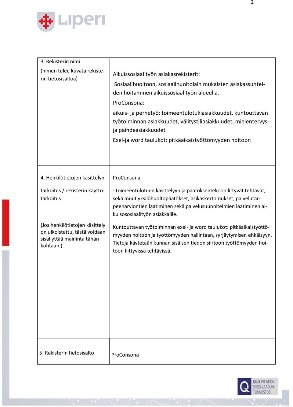 ProConsona: aikuis- ja perhetyö: toimeentulotukiasiakkuudet, kuntouttavan työtoiminnan asiakkuudet, välitystiliasiakkuudet, mielentervysja päihdeasiakkuudet Exel-ja word taulukot: