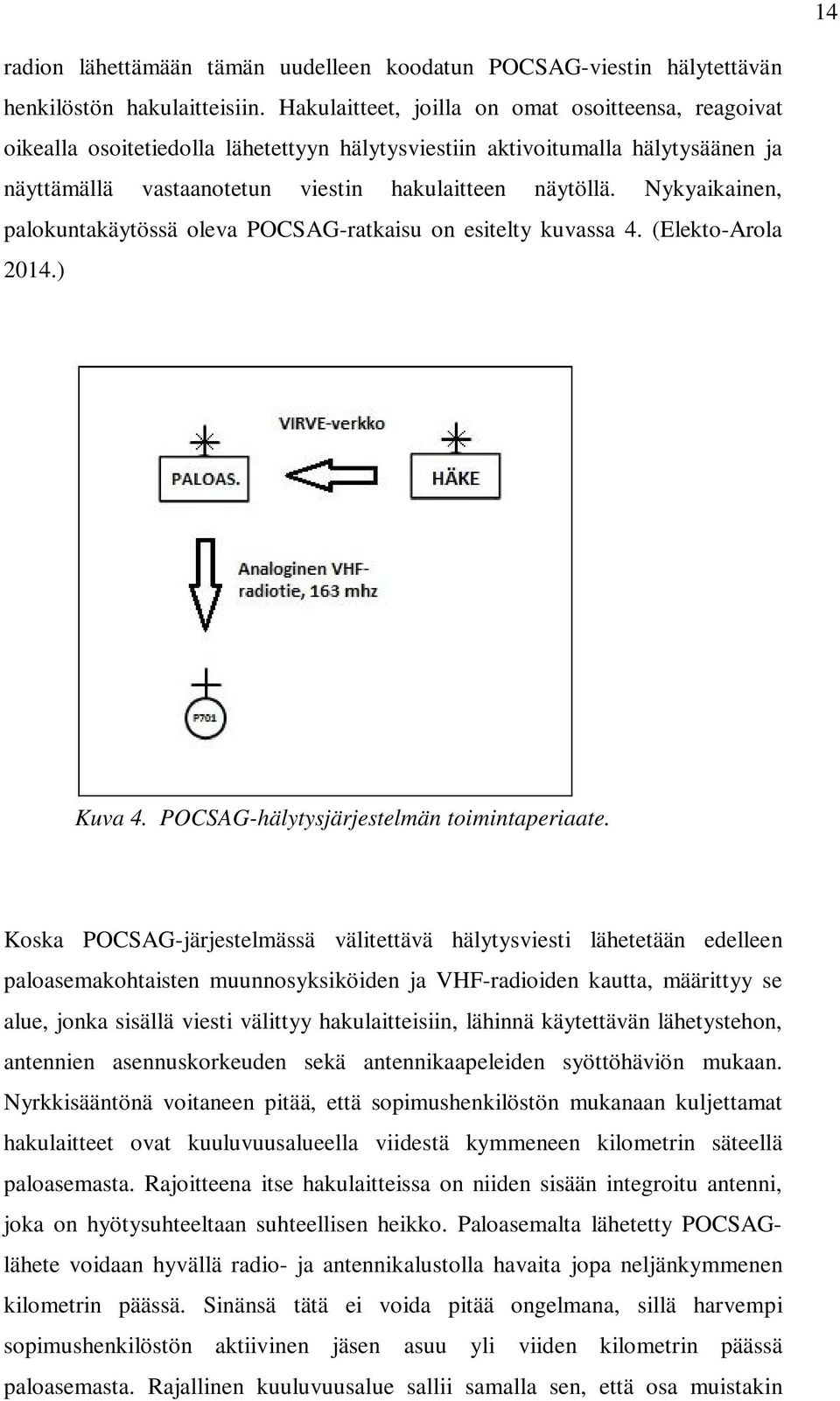 Nykyaikainen, palokuntakäytössä oleva POCSAG-ratkaisu on esitelty kuvassa 4. (Elekto-Arola 2014.) Kuva 4. POCSAG-hälytysjärjestelmän toimintaperiaate.