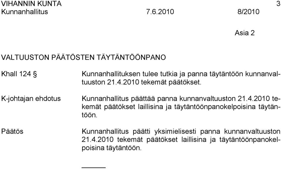 Kunnanhallitus päättää panna kunnanvaltuuston 21.4.