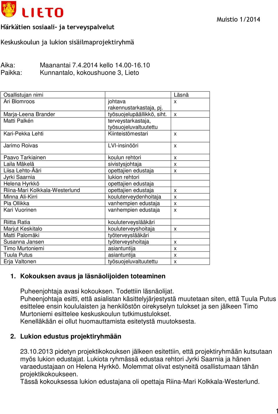 x Matti Palkén terveystarkastaja, työsuojeluvaltuutettu Kari-Pekka Lehti Kiinteistömestari x Jarimo Roivas LVI-insinööri x Paavo Tarkiainen koulun rehtori x Laila Mäkelä sivistysjohtaja x Liisa