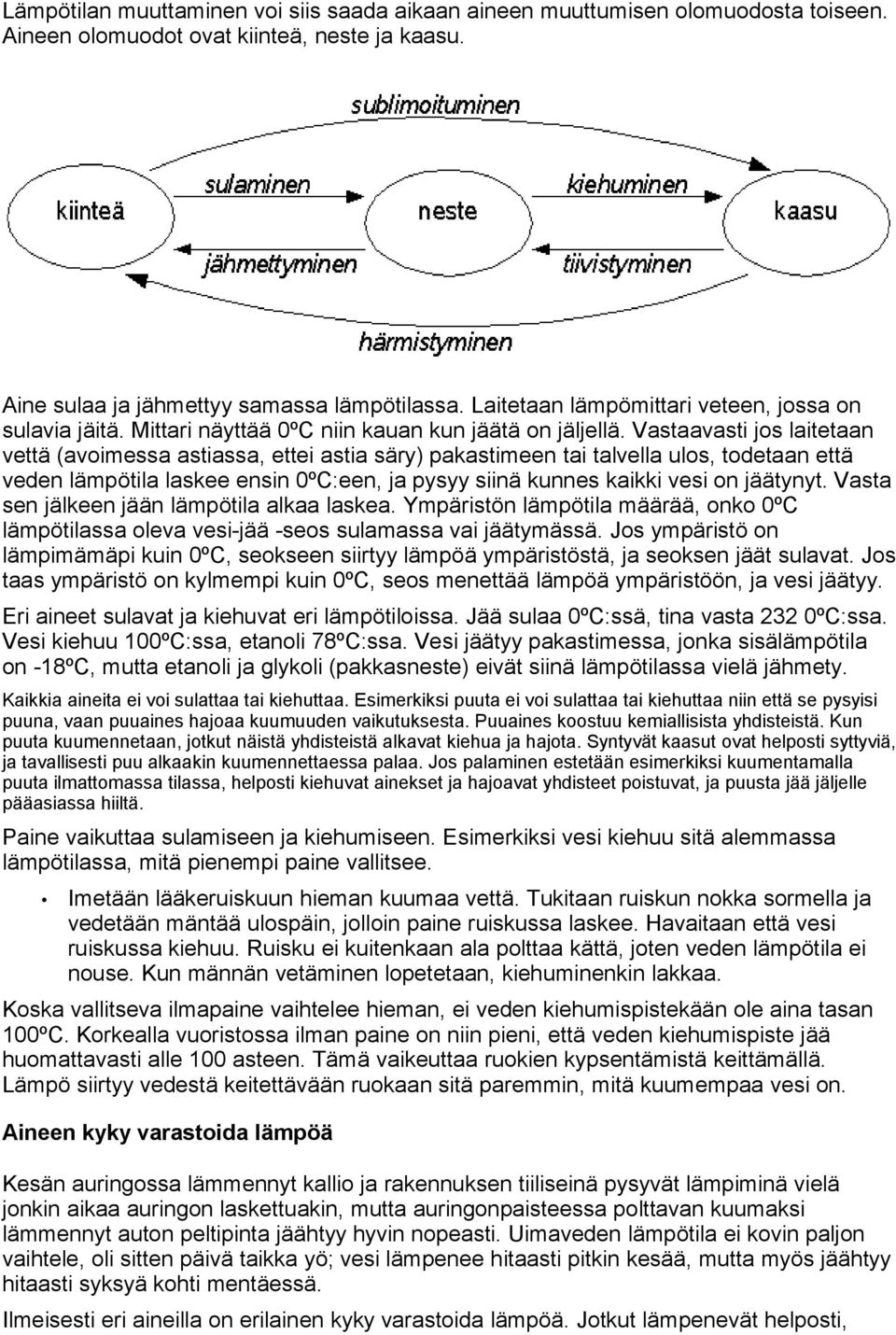 Vastaavasti jos laitetaan vettä (avoimessa astiassa, ettei astia säry) pakastimeen tai talvella ulos, todetaan että veden lämpötila laskee ensin 0ºC:een, ja pysyy siinä kunnes kaikki vesi on jäätynyt.