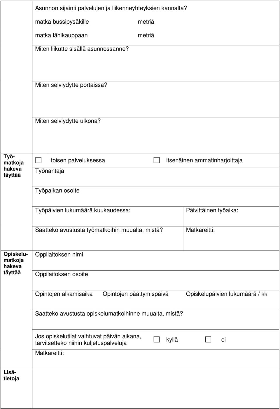 Työmatkoja hakeva Työnantaja toisen palveluksessa itsenäinen ammatinharjoittaja Työpaikan osoite Työpäivien lukumäärä kuukaudessa: Päivittäinen työaika: Saatteko avustusta