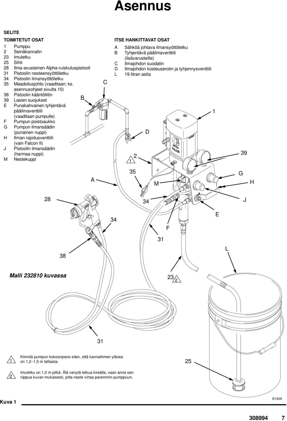 asennusohjeet sivulta 10) 38 Pistoolin kääntöliitin 39 Lasien suojukset E Punakahvainen tyhjentävä pääilmaventtiili (vaaditaan pumpulle) F Pumpun poistoaukko G Pumpun ilmansäädin (punainen nuppi) H