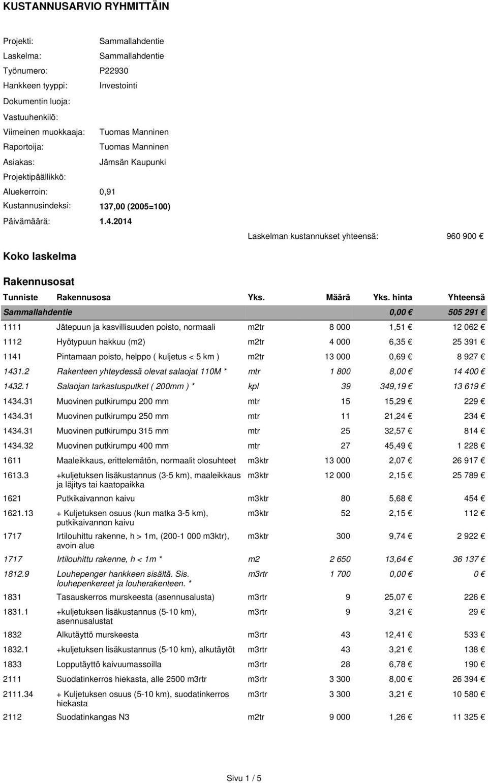 2014 Laskelman kustannukset yhteensä: 960 900 Rakennusosat Tunniste Rakennusosa Yks. Määrä Yks.