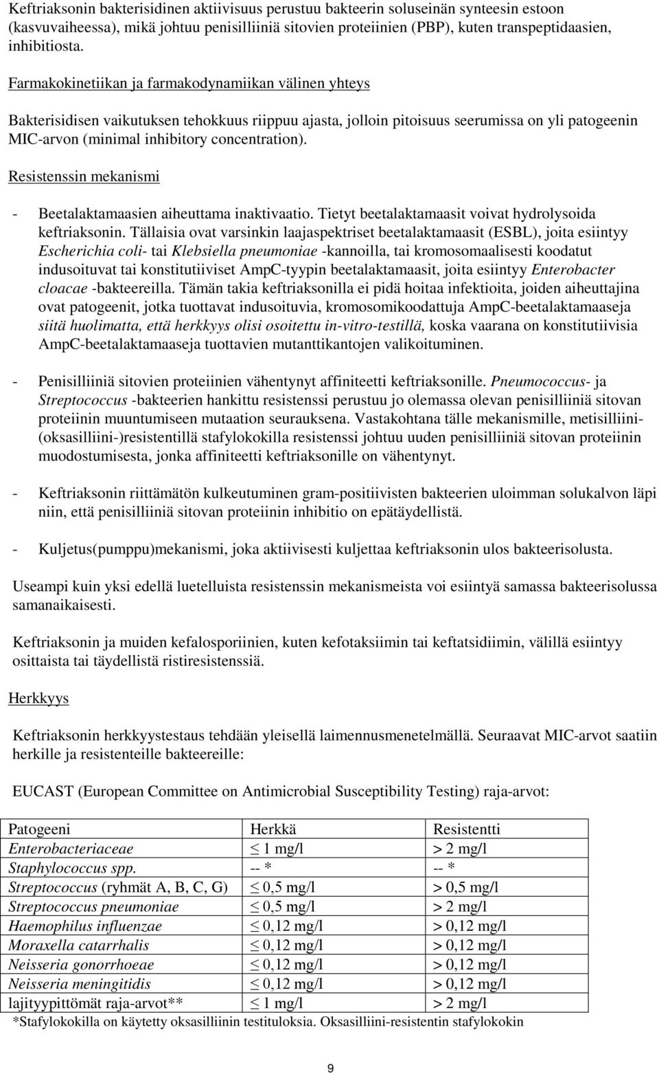 Resistenssin mekanismi - Beetalaktamaasien aiheuttama inaktivaatio. Tietyt beetalaktamaasit voivat hydrolysoida keftriaksonin.