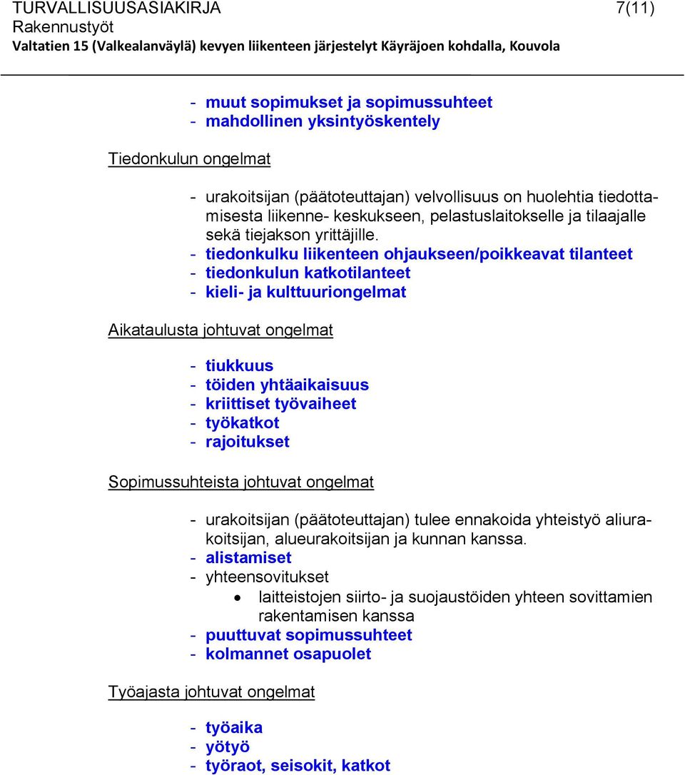 - tiedonkulku liikenteen ohjaukseen/poikkeavat tilanteet - tiedonkulun katkotilanteet - kieli- ja kulttuuriongelmat Aikataulusta johtuvat ongelmat - tiukkuus - töiden yhtäaikaisuus - kriittiset