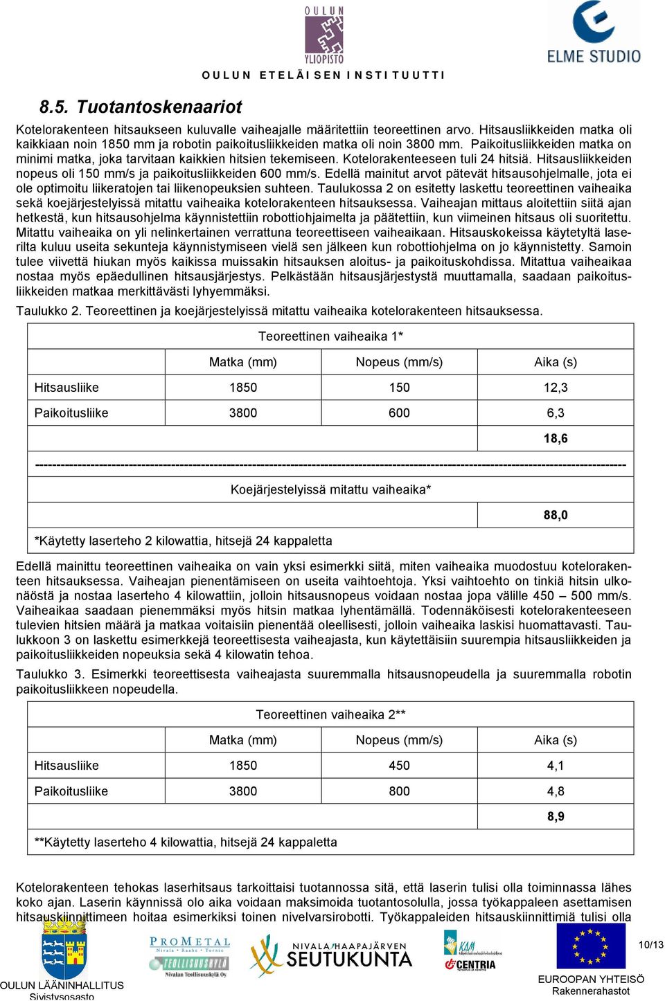 Kotelorakenteeseen tuli 24 hitsiä. Hitsausliikkeiden nopeus oli 150 mm/s ja paikoitusliikkeiden 600 mm/s.