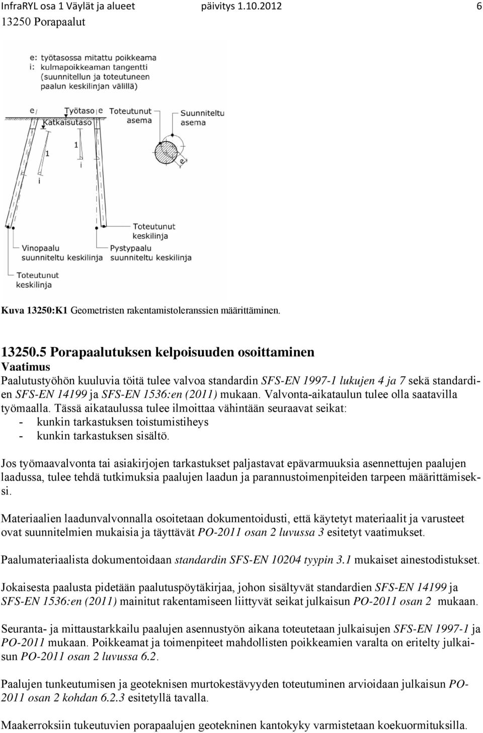 5 Porapaalutuksen kelpoisuuden osoittaminen Paalutustyöhön kuuluvia töitä tulee valvoa standardin SFS-EN 1997-1 lukujen 4 ja 7 sekä standardien SFS-EN 14199 ja SFS-EN 1536:en (2011) mukaan.