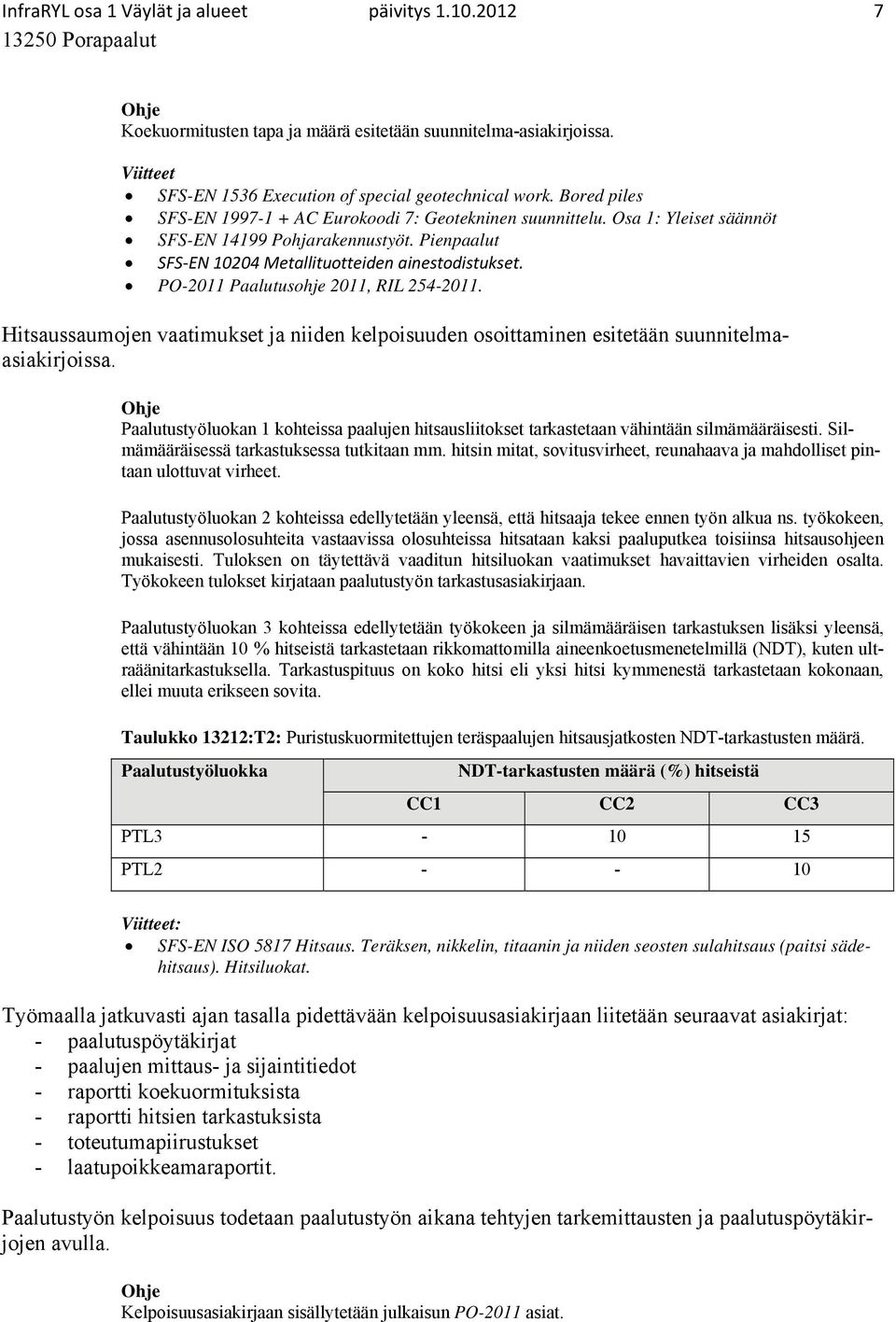 Hitsaussaumojen vaatimukset ja niiden kelpoisuuden osoittaminen esitetään suunnitelmaasiakirjoissa. Paalutustyöluokan 1 kohteissa paalujen hitsausliitokset tarkastetaan vähintään silmämääräisesti.