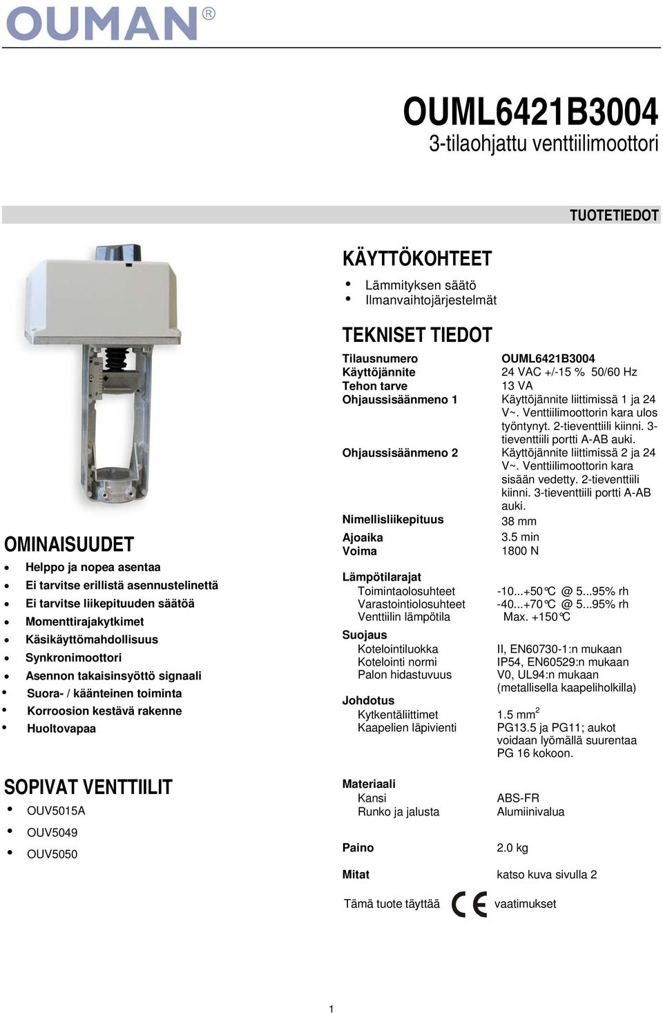 OUV5015A i OUV5049 i OUV5050 TEKNISET TIEDOT Tilusnumero OUML6421B3004 Käyttöjännite 24 VAC +/-15 % 50/60 Hz Tehon trve 13 VA Ohjussisäänmeno 1 Käyttöjännite liittimissä 1 j 24 V~.