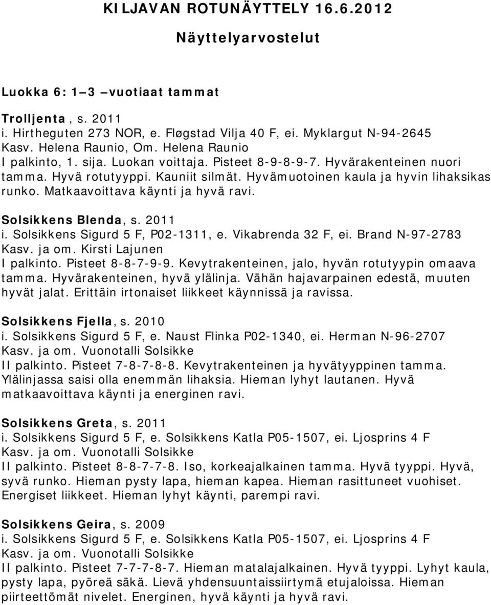 Matkaavoittava käynti ja hyvä ravi. Solsikkens Blenda, s. 2011 i. Solsikkens Sigurd 5 F, P02-1311, e. Vikabrenda 32 F, ei. Brand N-97-2783 Kasv. ja om. Kirsti Lajunen I palkinto. Pisteet 8-8-7-9-9.