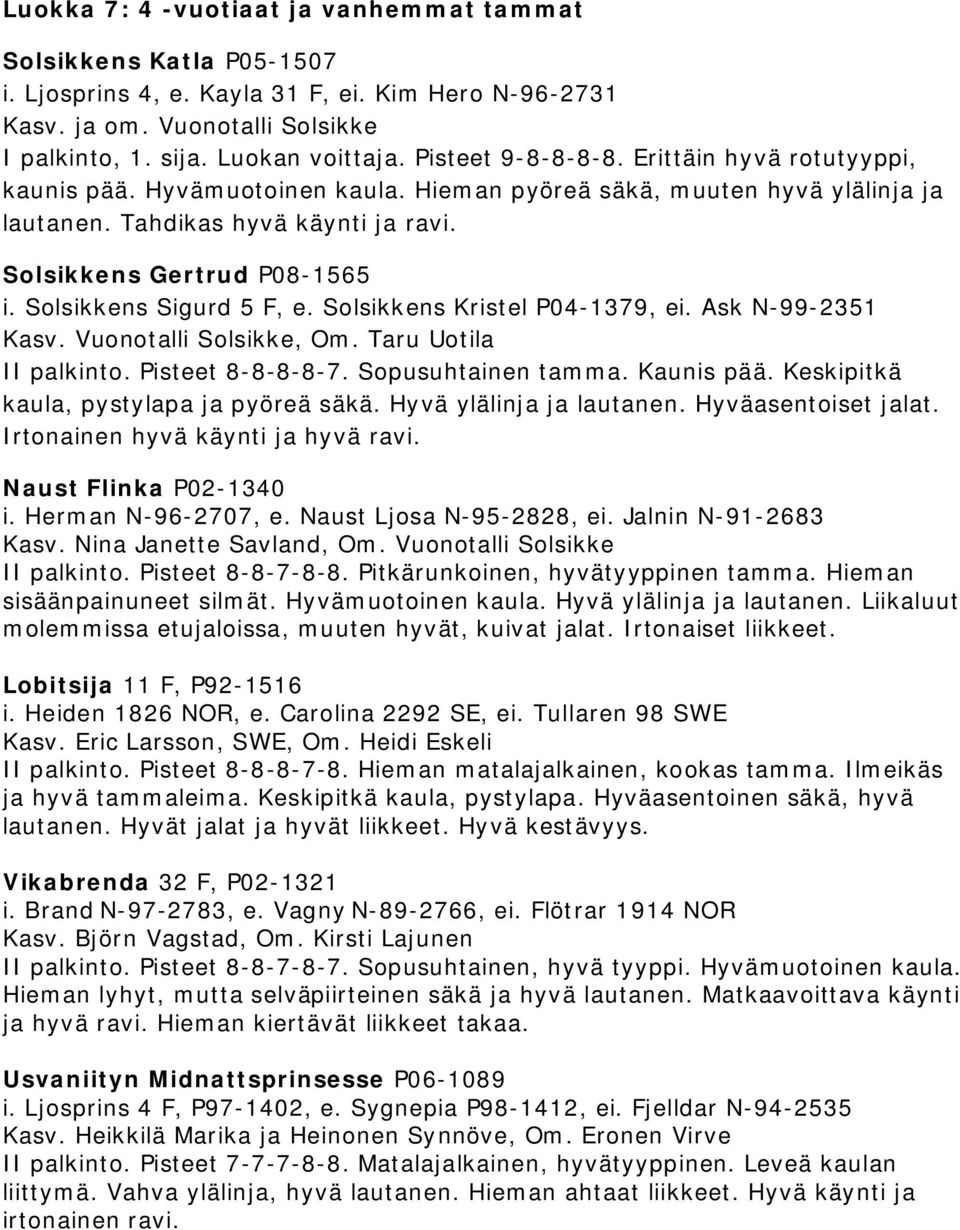 Solsikkens Kristel P04-1379, ei. Ask N-99-2351 Kasv. Vuonotalli Solsikke, Om. Taru Uotila II palkinto. Pisteet 8-8-8-8-7. Sopusuhtainen tamma. Kaunis pää. Keskipitkä kaula, pystylapa ja pyöreä säkä.