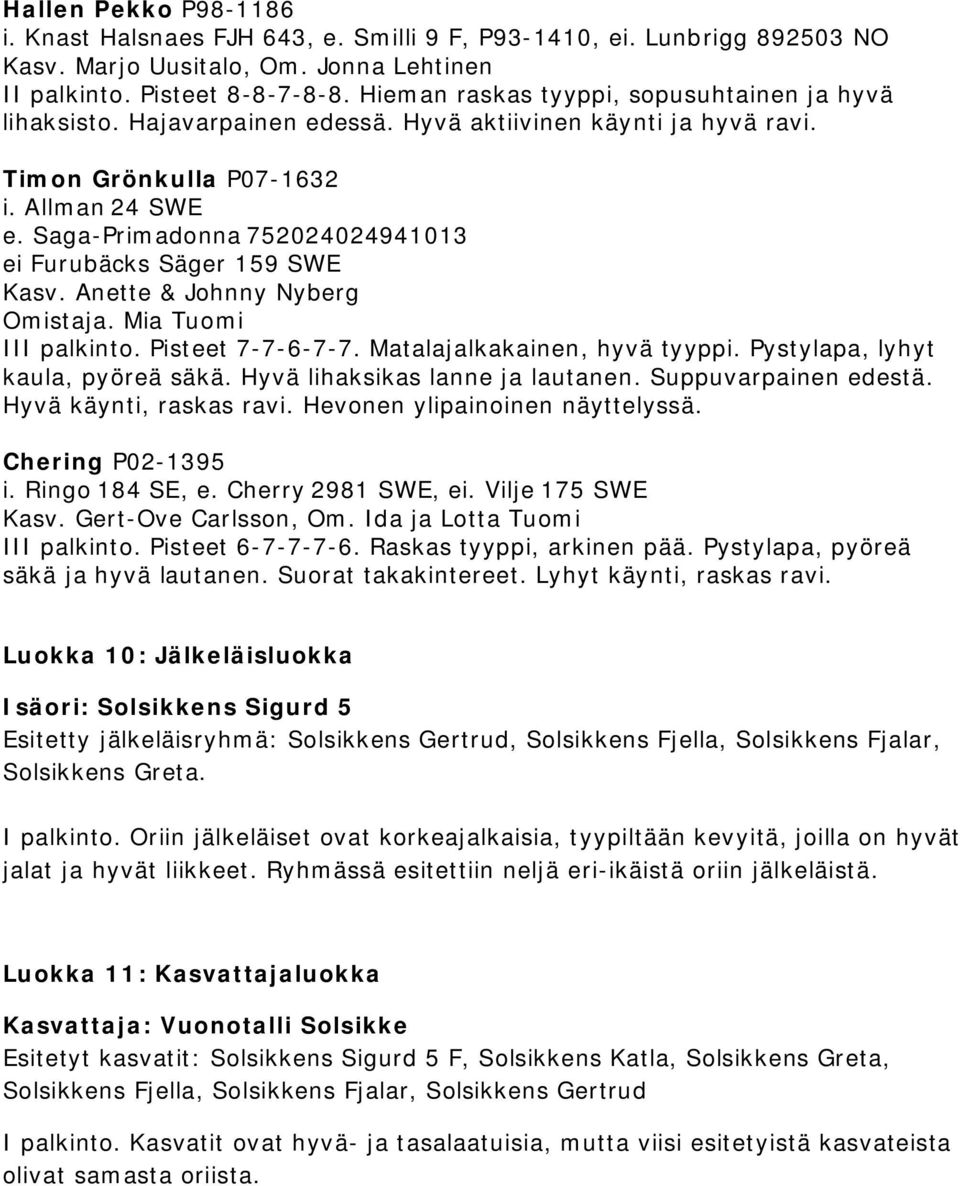 Saga-Primadonna 752024024941013 ei Furubäcks Säger 159 SWE Kasv. Anette & Johnny Nyberg Omistaja. Mia Tuomi III palkinto. Pisteet 7-7-6-7-7. Matalajalkakainen, hyvä tyyppi.