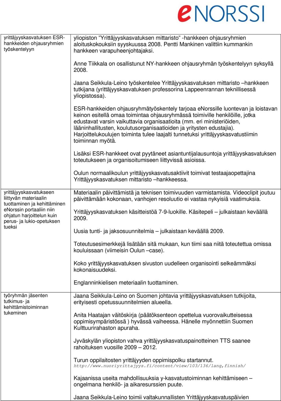 Jaana Seikkula-Leino työskentelee Yrittäjyyskasvatuksen mittaristo hankkeen tutkijana ( professorina Lappeenrannan teknillisessä yliopistossa).