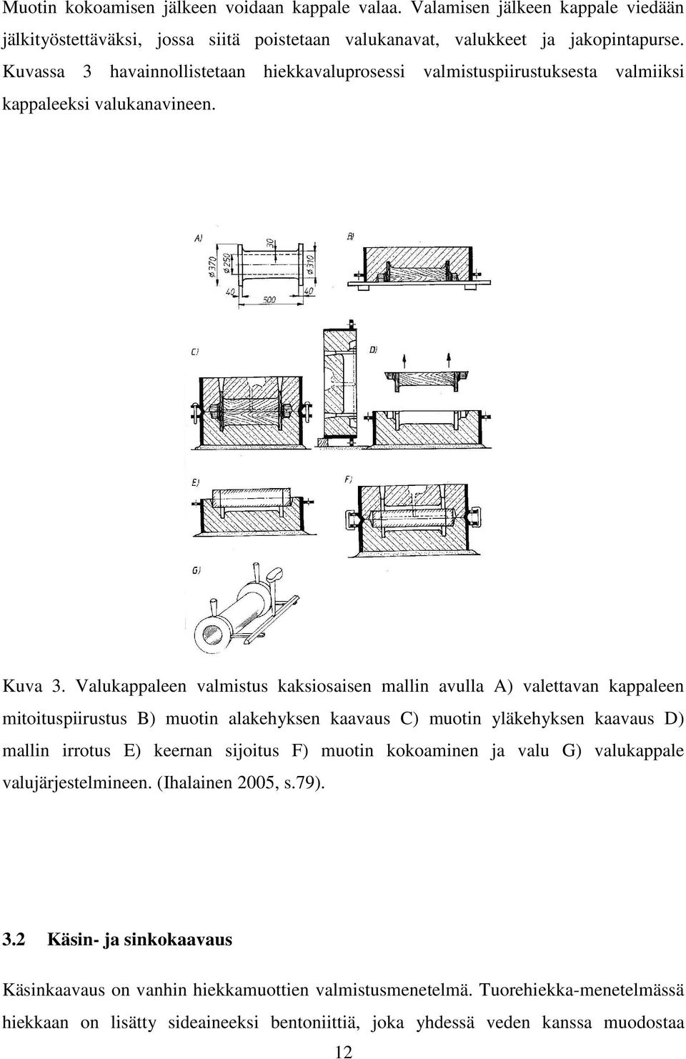 Valukappaleen valmistus kaksiosaisen mallin avulla A) valettavan kappaleen mitoituspiirustus B) muotin alakehyksen kaavaus C) muotin yläkehyksen kaavaus D) mallin irrotus E) keernan sijoitus