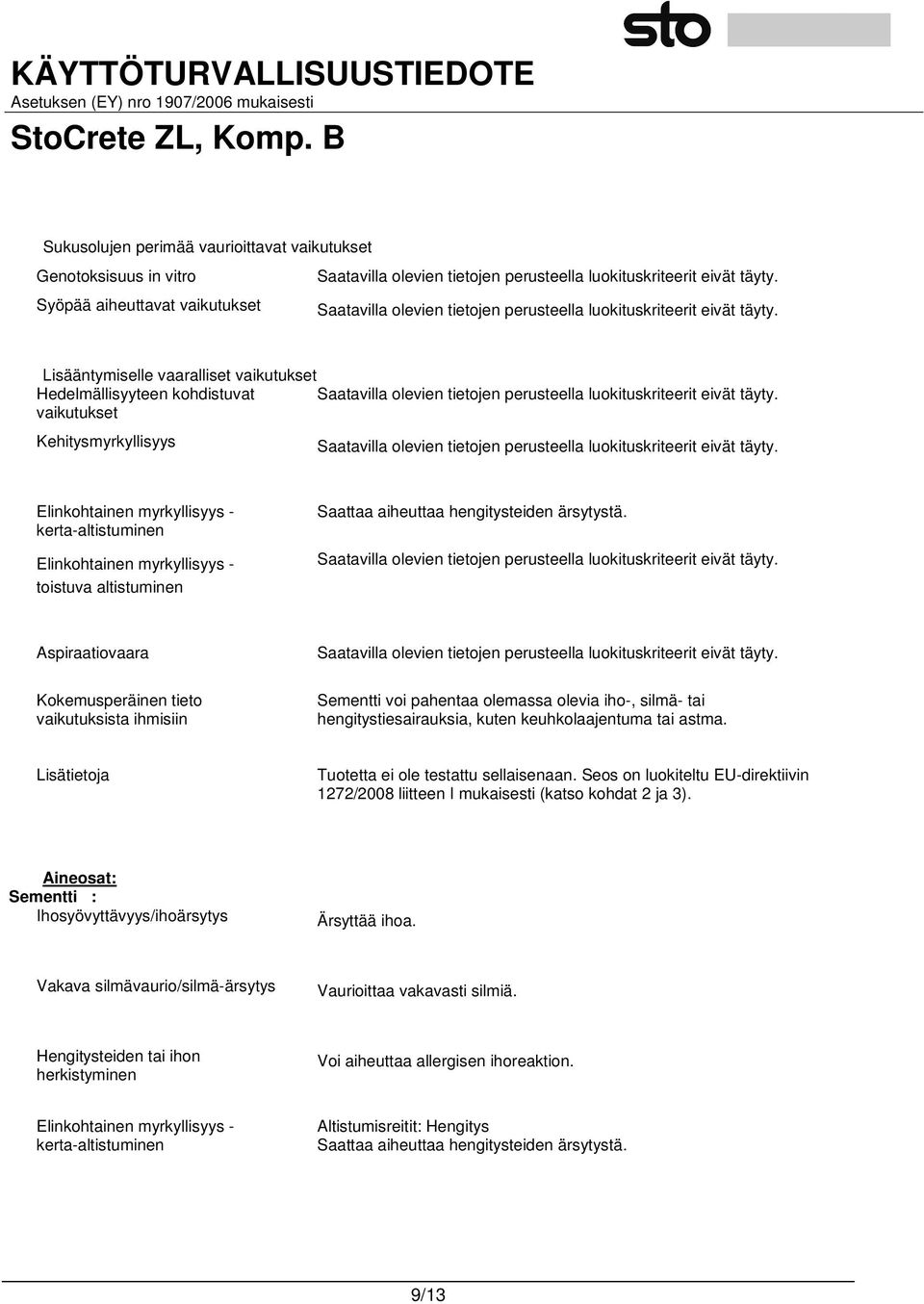 Lisääntymiselle vaaralliset vaikutukset Hedelmällisyyteen kohdistuvat Saatavilla olevien tietojen perusteella luokituskriteerit eivät täyty.