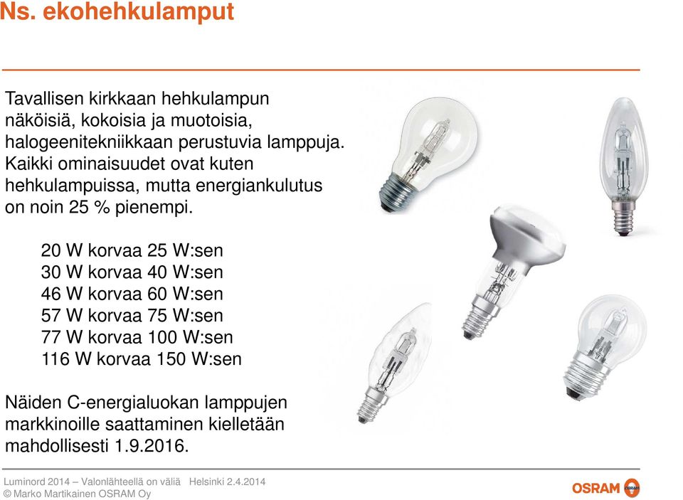 Kaikki ominaisuudet ovat kuten hehkulampuissa, mutta energiankulutus on noin 25 % pienempi.