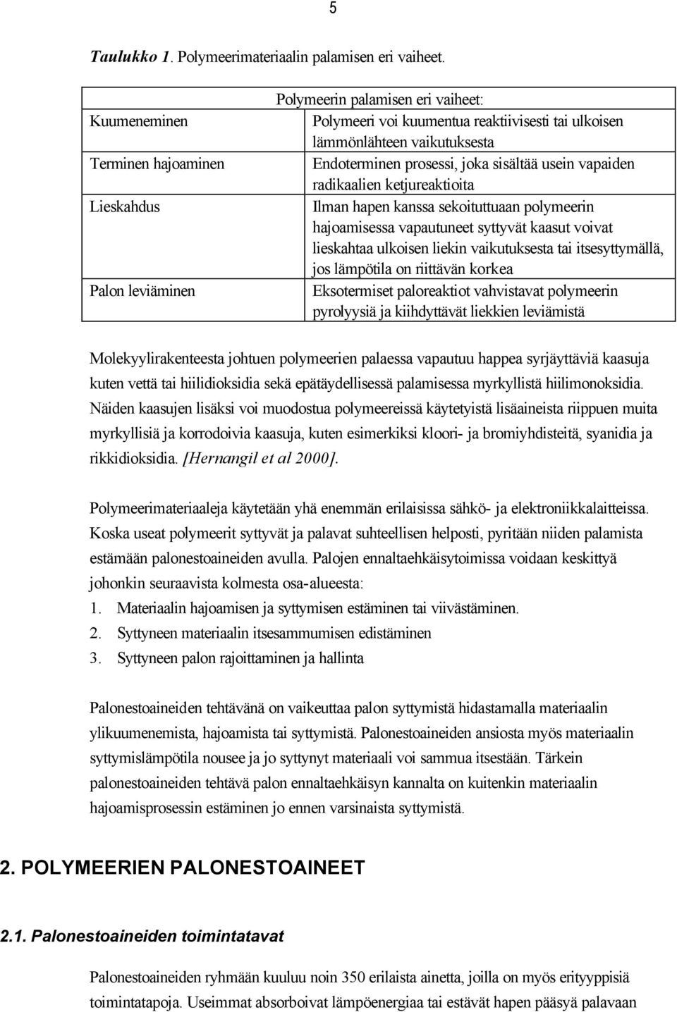 joka sisältää usein vapaiden radikaalien ketjureaktioita Ilman hapen kanssa sekoituttuaan polymeerin hajoamisessa vapautuneet syttyvät kaasut voivat lieskahtaa ulkoisen liekin vaikutuksesta tai