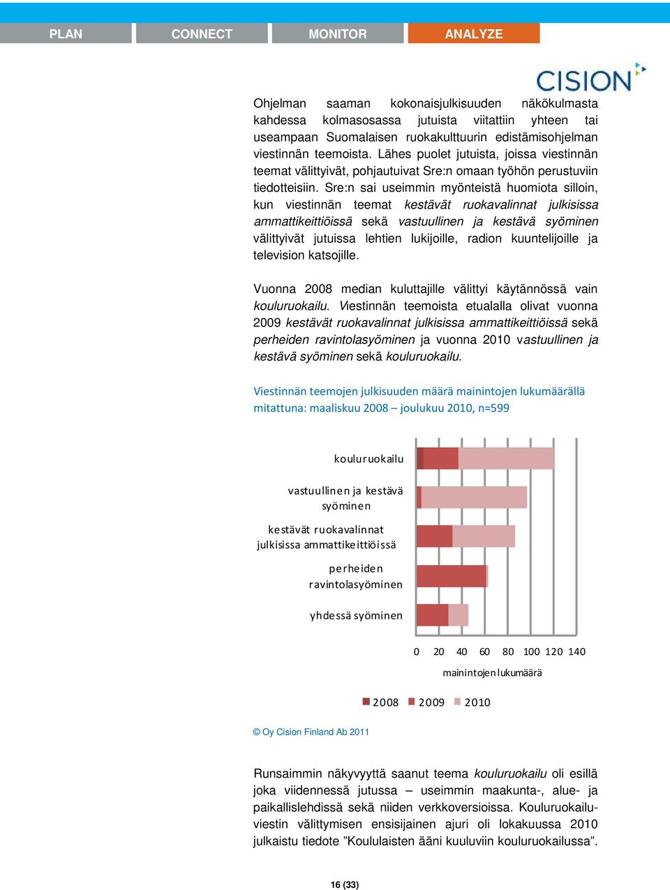Sre:n sai useimmin myönteistä huomiota silloin, kun viestinnän teemat kestävät ruokavalinnat julkisissa ammattikeittiöissä sekä vastuullinen ja kestävä syöminen välittyivät jutuissa lehtien