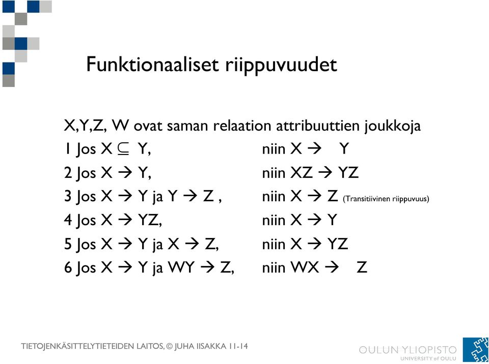 3 Jos X à Y ja Y à Z, niin X à Z (Transitiivinen riippuvuus) 4 Jos X à